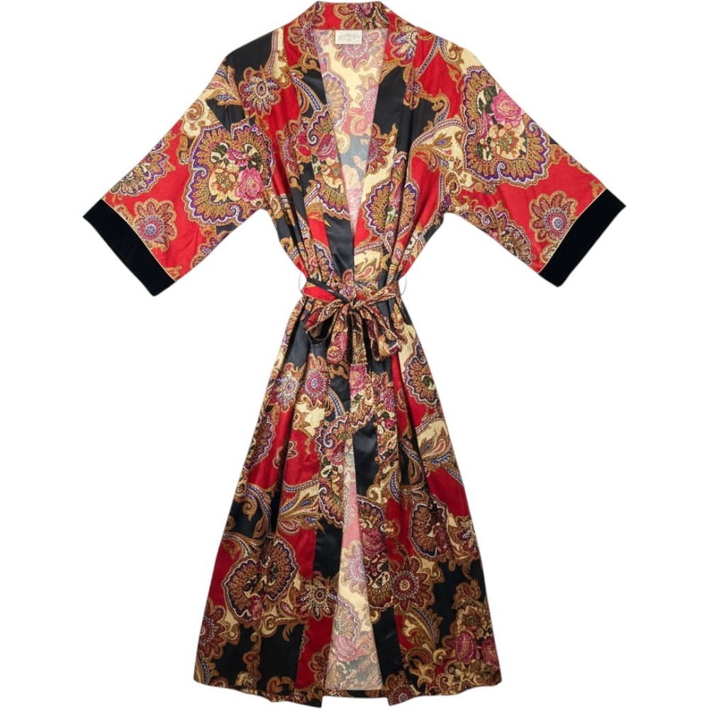 California Dynasty Robe Womens OS Red Paisley Satin Belted Loungewear Vintage - Picture 4 of 7
